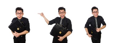 Genç gülümseyen çalışan beyaz izole evrak çantası ile