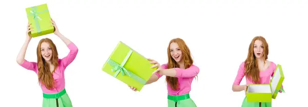 Mujer joven con compras de Navidad en blanco —  Fotos de Stock