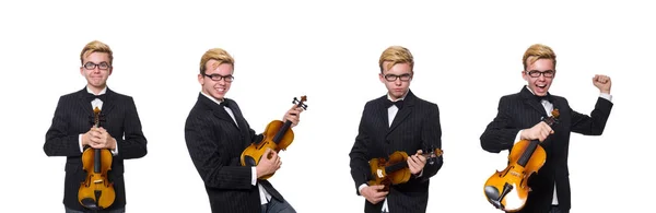 Jovem músico com violino isolado em branco — Fotografia de Stock