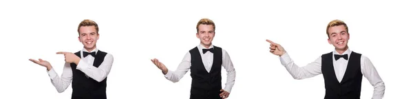 Young man in black classic vest isolated on white — Stock Photo, Image