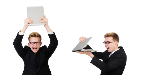 Fiatal üzletember laptop elszigetelt fehér — Stock Fotó