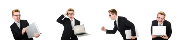 Молодой бизнесмен с ноутбуком изолированы на белом — стоковое фото