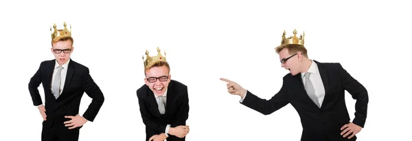 Young businessman with crown isolated on white — Stock Photo, Image