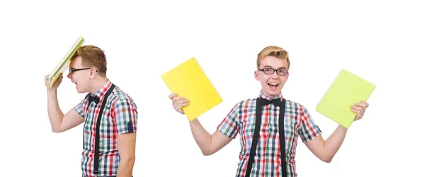 Étudiant drôle avec des livres isolés sur blanc — Photo