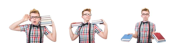 Grappige student met stapel boeken — Stockfoto