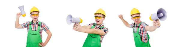 Funny trabajador de la construcción con altavoz en blanco — Foto de Stock