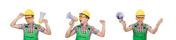 Funny construction worker with loudspeaker on white — Stock Photo, Image