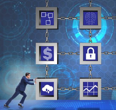 Engelleme zinciri kripto para birimi kavramında iş adamı