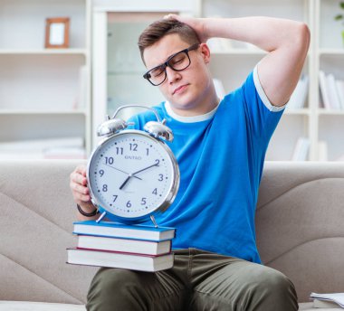 Sınavlara hazırlanan genç öğrenci kanepede ders çalışıyor.