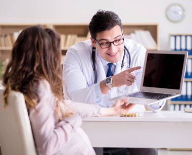 Hamile kadın muayene için doktoru ziyaret ediyor.