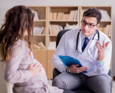 Hamile kadın muayene için doktoru ziyaret ediyor.