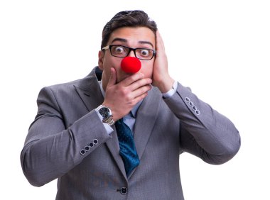 Beyaz arka planda izole komik palyaço işadamı