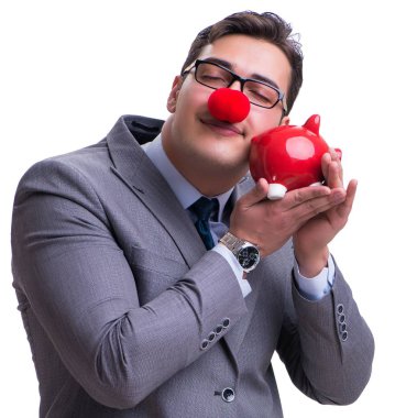 Komik palyaço işadamı ile beyaz arkasında izole bir kumbara