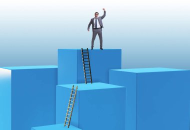 İş adamı kariyer merdiveni iş konseptinde engellere tırmanıyor