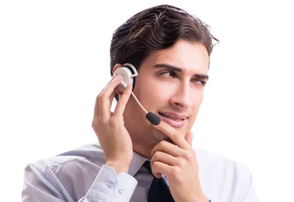 Homem com fone de ouvido isolado no fundo branco — Fotografia de Stock