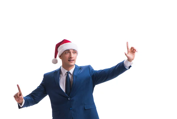 Jonge busnessman dragen KERSTMUTS in Kerstmis concept op wit — Stockfoto