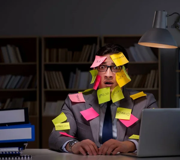 Businessman staying late to sort out priorities