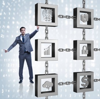 Engelleme zinciri kripto para birimi kavramında iş adamı