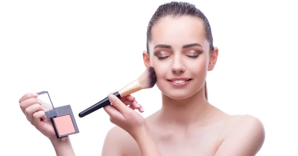 Mujer en concepto de belleza aplicando maquillaje usando cosméticos —  Fotos de Stock