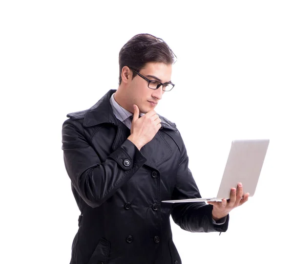 Ung affärsman med bärbar dator isolerad på vit bakgrund — Stockfoto