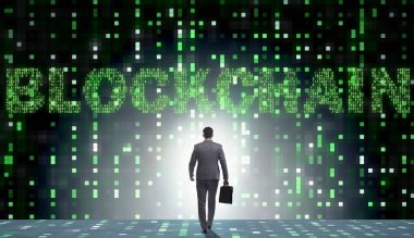 Engelleme zinciri kripto para birimi kavramında iş adamı