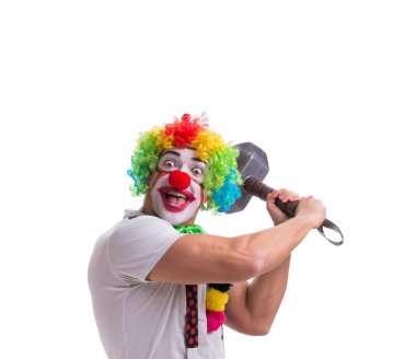 Beyaz arka planda çekici olan komik bir palyaço.