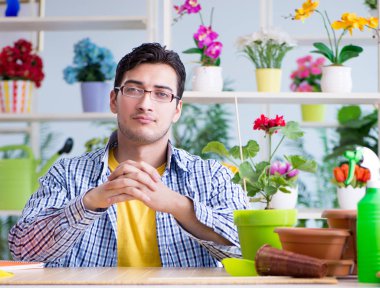 Bahçıvan çiçekçide çalışıyor. Çiçekçide çalışıyor.