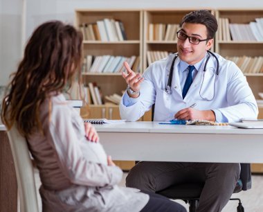 Hamile kadın muayene için doktoru ziyaret ediyor.