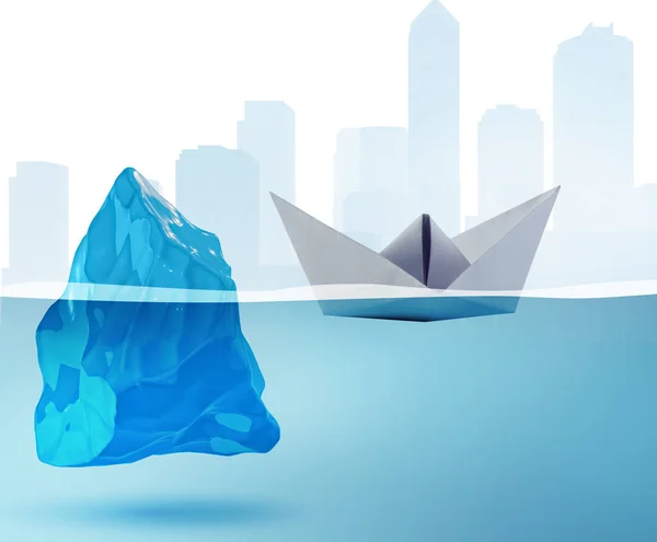 Barco de papel casi golpeando iceberg - 3d renderizado — Foto de Stock