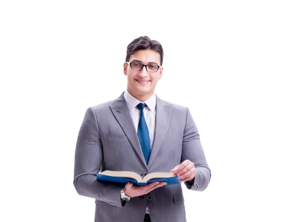 Üzletember diák olvas egy könyvet elszigetelt fehér háttér — Stock Fotó