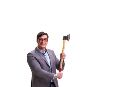Baltalı kızgın işadamı beyazın üstünde.