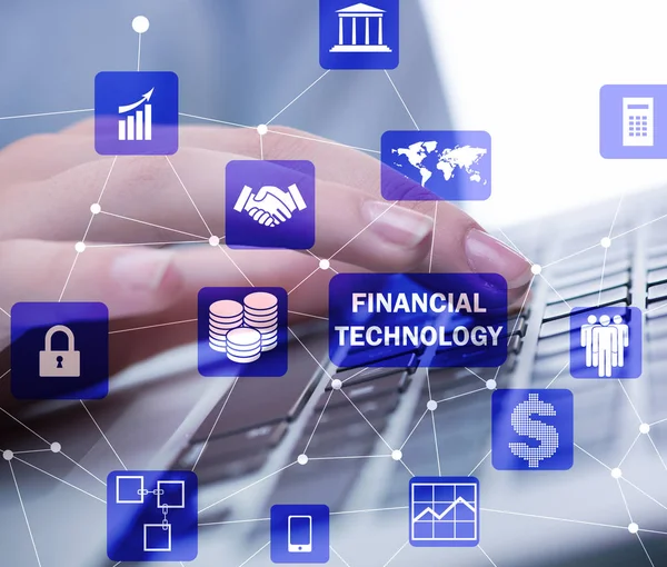 Handen werken op de laptop in financiële technologie fintech concept — Stockfoto