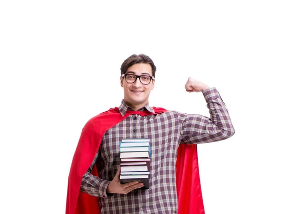 Étudiant super héros avec des livres isolés sur blanc — Photo