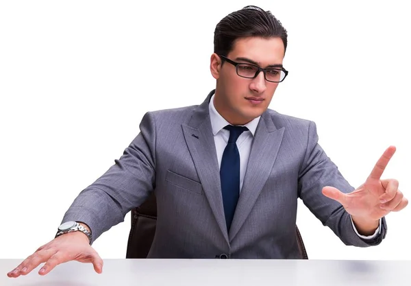 Joven hombre de negocios presionando botones virtuales aislados en blanco bac —  Fotos de Stock