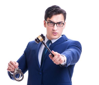 Beyaz arka planda tokmağı olan avukat hukuk öğrencisi.