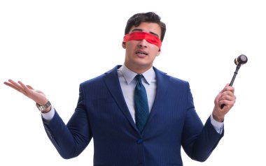 Avukat beyaz izole bir tokmak holding göz bağı ile