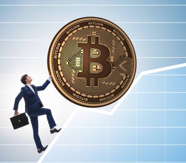 İşadamı, kripto para zinciri konseptinde bitcoin basıyor