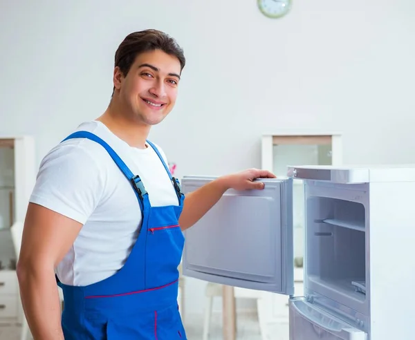 Repairman contractor repairing fridge in DIY concept