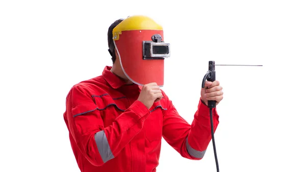 Jonge reparateur met een lassen pistool-indicatorelektrode en een helm isolat — Stockfoto