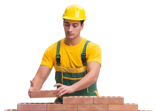 O belo trabalhador da construção civil edifício parede de tijolo — Fotografia de Stock