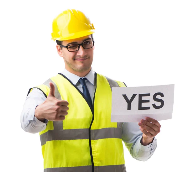 Supervisore di costruzione con sì asnwer isolato su dorso biancogr — Foto Stock