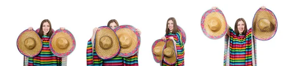 Pretty mexican girl in vivid poncho isolated on white — Stock Photo, Image