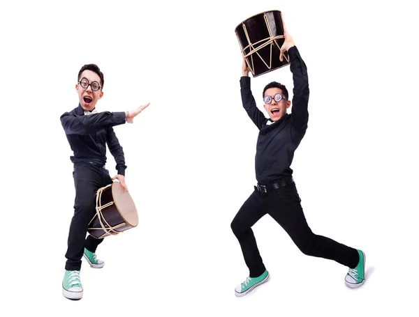 Hombre divertido con tambor en blanco — Foto de Stock