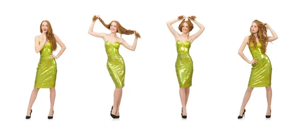 赤い髪の女の子で輝く緑のドレス絶縁上の白 — ストック写真