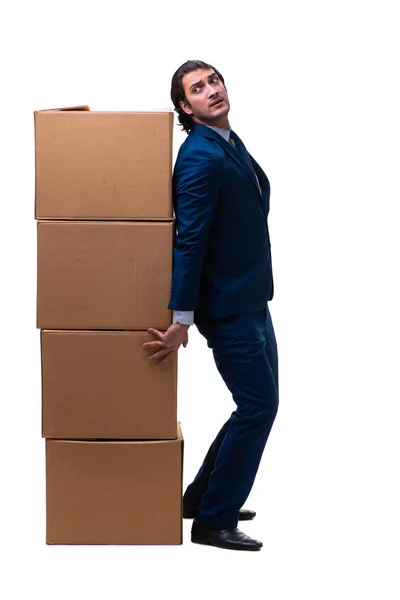 Молодий чоловік працівник з коробками ізольовані на білому — стокове фото