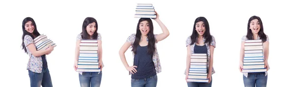 Girl student with books on white — Stock Photo, Image