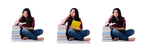 Jovem estudante com livros isolados em branco — Fotografia de Stock