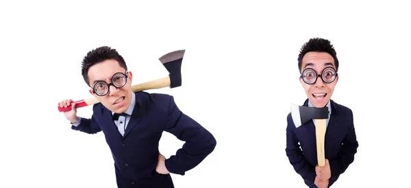 Hombre de negocios divertido con hacha en blanco —  Fotos de Stock