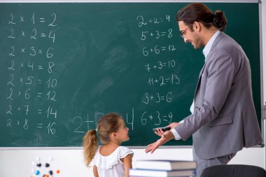 Öğretmenim ve genç kız sınıfta.