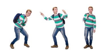 Sırt çantalı öğrenci beyaza izole edilmiş.